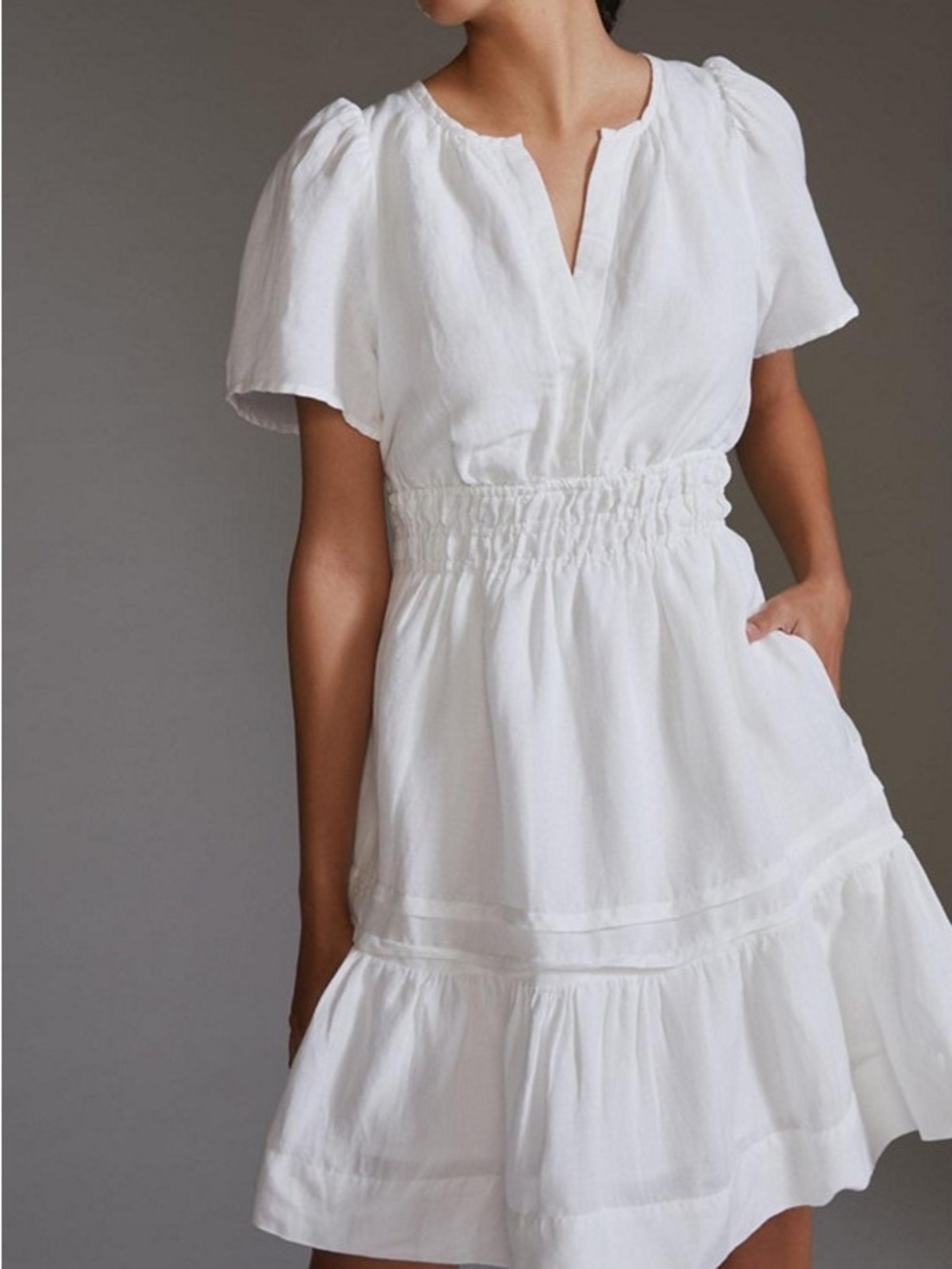 Quince White Cotton Midi Dress with Puff Sleeves
